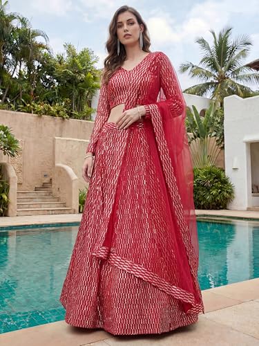 Zeel Clothing Women's Sequins Embroidered Work Soft Net Lehenga Choli with Dupatta (7310-Pink-Wedding-Lehenga-Choli; Free Size) (Pink)