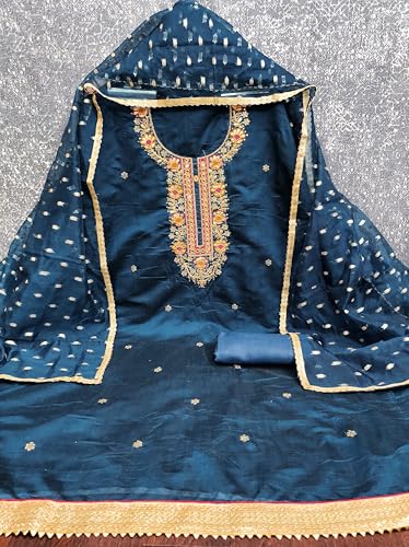 MANVAA Women'S Blue Unstitched Heavy Embroidery And Fancy Border Chanderi Cotton Dress Material (IN2052BLU)
