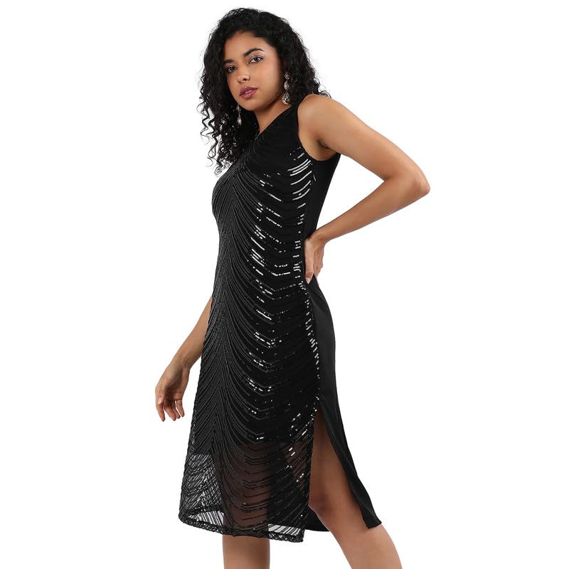 Campus Sutra Women's Black Self-Design Dress with Sequin Detail for Casual Wear | Sleeveless | Polyester Knee Length Dress Crafted with Comfort Fit and High Performance for Everyday Wear (M)