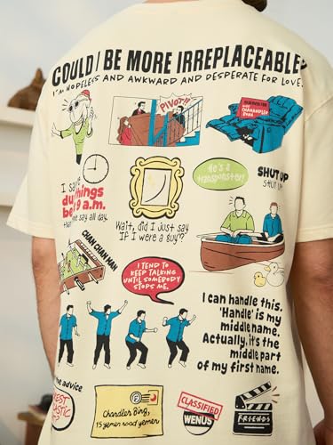 The Souled Store Friends: Chandler Bing Men and Boys Short Sleeves Round Neck Beige Graphic Printed Cotton Oversized T-Shirts