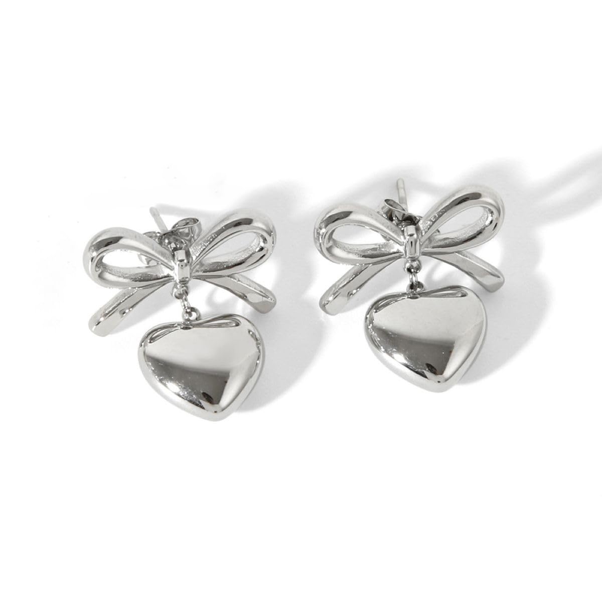 Aaishwarya 18K Silver Plated, Waterproof, Anti-Tarnish, Stainless Steel, Bow and Heart Drop Stud Earrings | Gift for Women and Girls