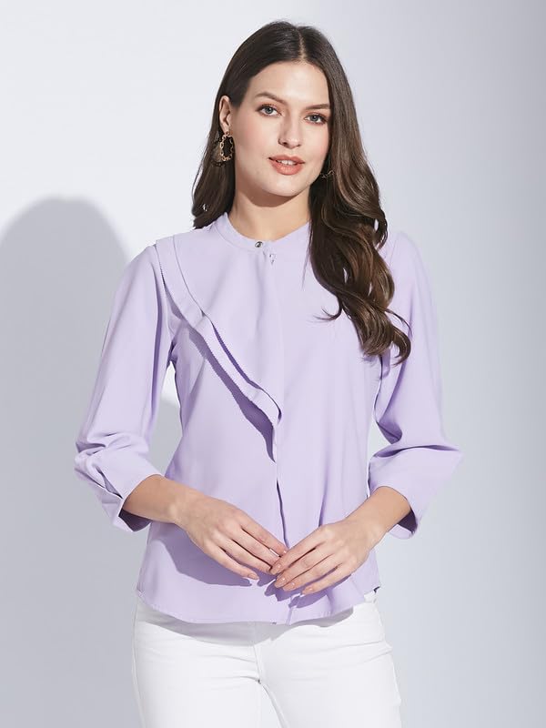Latin Quarters Women Lavender Mandarin Collar 3/4 Sleeve Solid Top_S