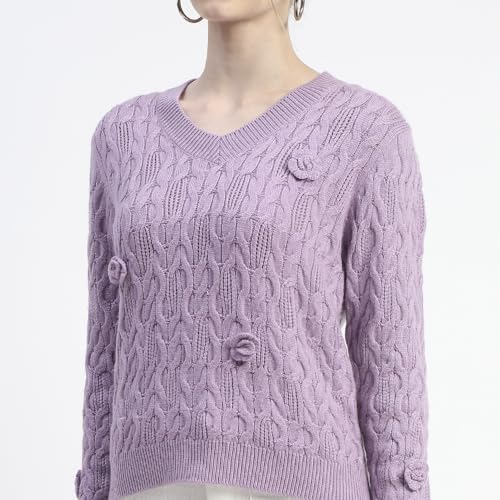 Madame Cable Knit Applique Flower Mauve Sweater