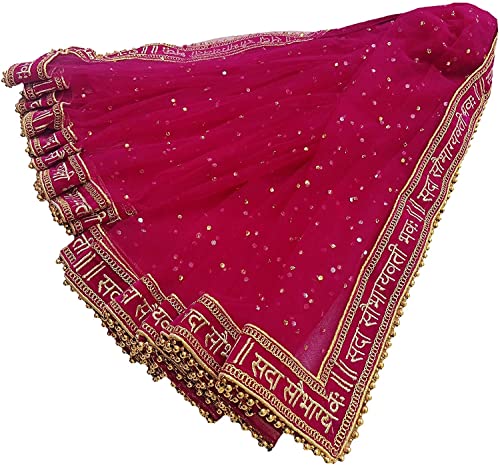 Navti Creations Wedding Bridal Women's Magenta (Pink) Net Dupatta With Sada Saubhagyawati Bhaw Embroidery Border (Full Stone work, 2.25m, 4 side moti lace)