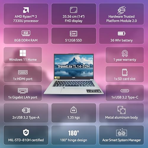 acer TravelLite Business Laptop, AMD R3 7330U Processor (Windows 11 Home/8 GB RAM/512 GB SSD) TL14-42M with 35.5 cm (14") Full HD Display, 1.34 kg