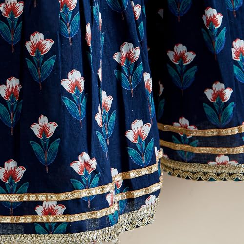 Hoscotch Girls Floral Navy 3/4th Sleeves 2 Piece Tulip Trail Cotton Kurti & Sharara For Ages (5-6 Years)