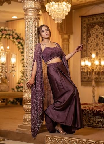 Indo-Era Women's Readymade Designer Lehenga Choli Set - Ready to Wear Plum Mauve Georgette Sequence Work Choli with Pre-Stitched Drape Skirt & Shrug Dupatta - Perfect for Weddings & Receptions