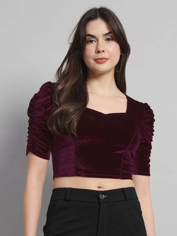 Vaararo Velvet Blouse Tops for Women | Party Puff Sleeves Readymade Outfit Wine XXX-Large