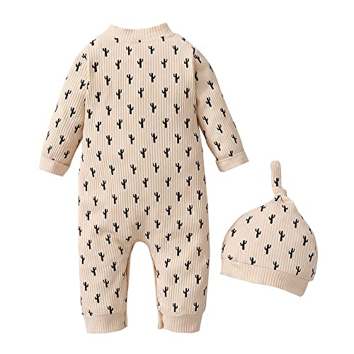 Hopscotch Baby Boys and Baby Girls Cotton and Polyester Full-Sleeve All-Over Print Bodysuit With Cap in Beige Color For Ages 6-9 Months (BNF-4246936)