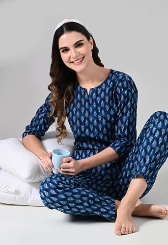 Ichaa Women Cotton Printed Night Wear Top and Payjama Night Suit Set, Blue, Large