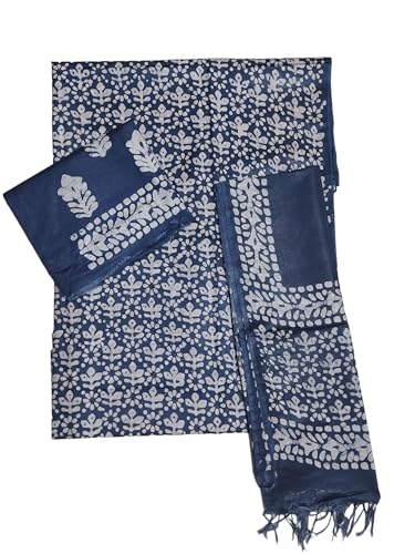 Ivikta Women's Block Print Unstitched Salwar Suit Dress Material with Dupatta | Batik Print Katan Silk Salwar Suit fabric (Indigo)