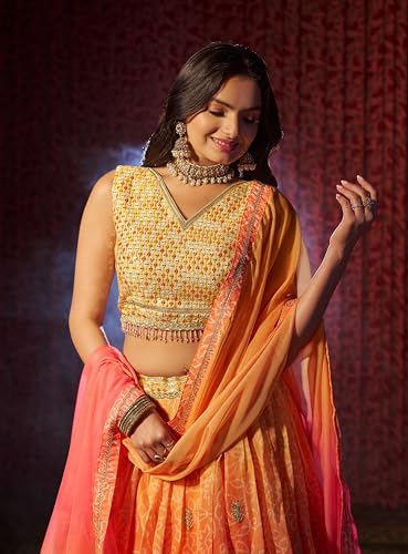 AG Clothing Women's Organza Semi Stitched Lehenga Choli With Dupatta | BAndhani Digital Print With Sequin Embroidery Pattern | Traditional, Wedding, Ethnic Wear Lehenga (AD-SV2-Orange)