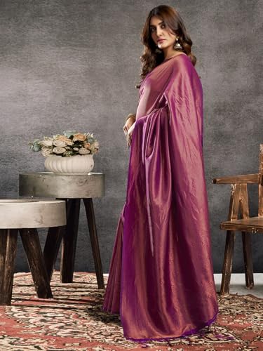 Satrani Women's Silk Blend Banarasi Jacquard Saree with Unstitched Blouse Piece (3819S409N_Deep Purple & Golden)