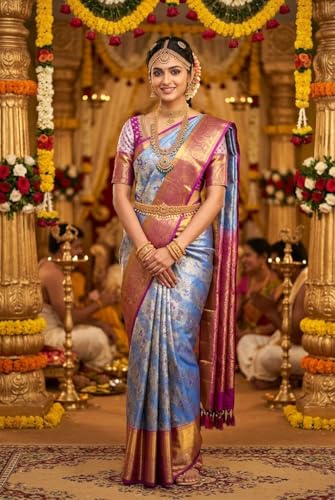 VFCollections Women's Traditional Handloom Kanchipuram Silk Pure Pattu Sarees | Rich Zari Woven Design | Unstitched Blouse (VFC533-2)