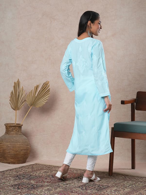 Ada Hand Embroidered Lucknowi Chikankari Cotton Kurta Kurti for Women A411688 Blue (4XL)