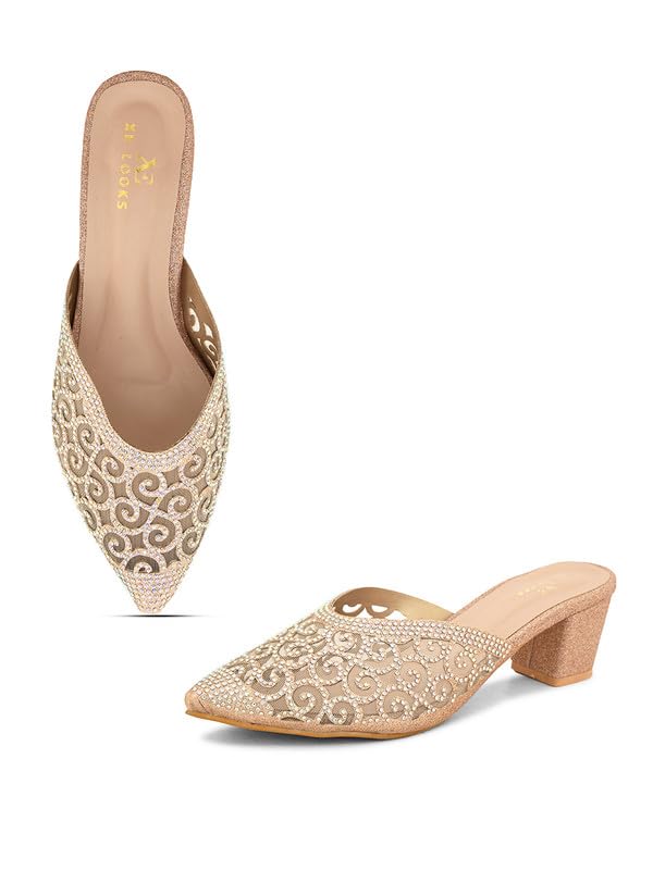 XE Looks Women's Gold Embellished Block Heel Mules | Pointed Toe Slip-On with Intricate Rhinestone Design | Stylish, Fancy & Charm Block Heels For Girls & Women