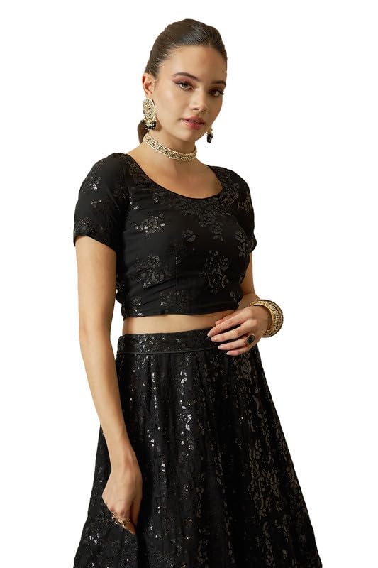 Soch Womens Black Georgette Floral Pattern Sequin Embellished Unstitched Lehenga Set