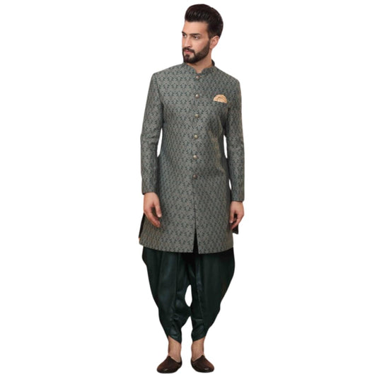 KISAH Men's Indo-Western Sherwani Dhoti Set, Green Silk Blend, Jacquard Regular Fit Mandarin Collar Long Sleeves (M)