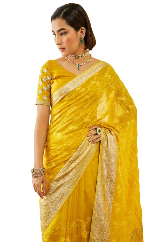 Soch Womens Yellow Organza Embroidered Saree with Thread Work(8907175714638)