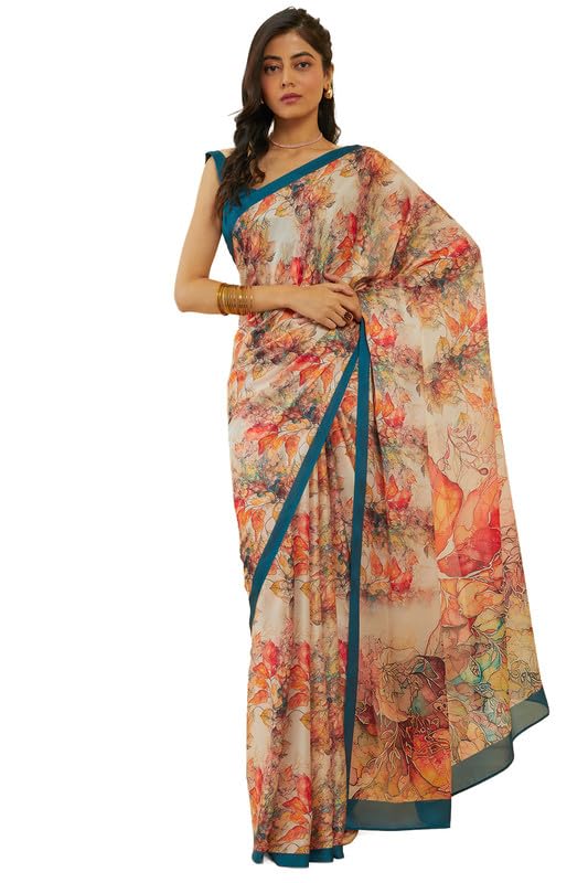 Soch Womens Indigo Botanical Print Crepe Saree