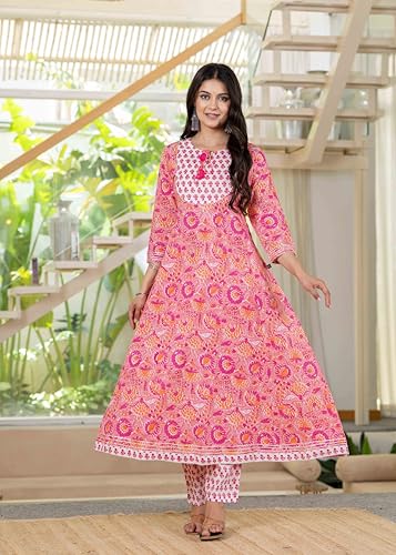 Pistaa's Women Cotton Anarkali Flair Suit Set (IN, Alpha, XS, Regular, Pink)