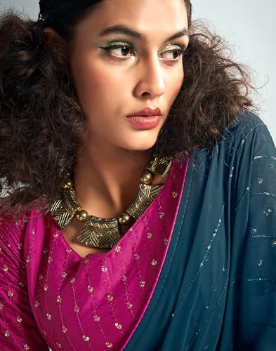 SIRIL Women's Georgette Sequence Work Saree Saree With Unstitched Blouse Piece (3475S705_Blue)