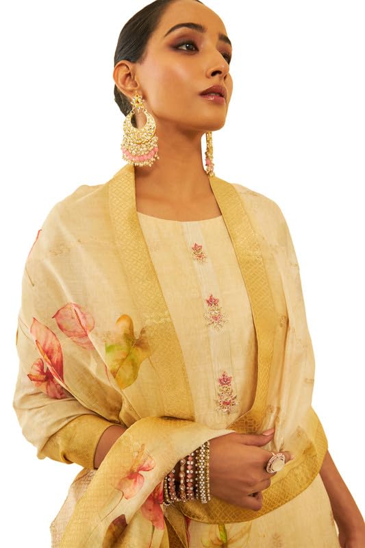 Soch Womens Beige Chanderi Placement Print Suit Set With Cutdana Details