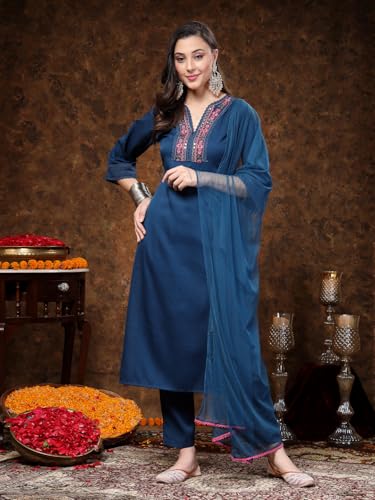 Stylum Women's Teal Solid & Embroidered Italian Crush Straight Kurta Pant Dupatta Set