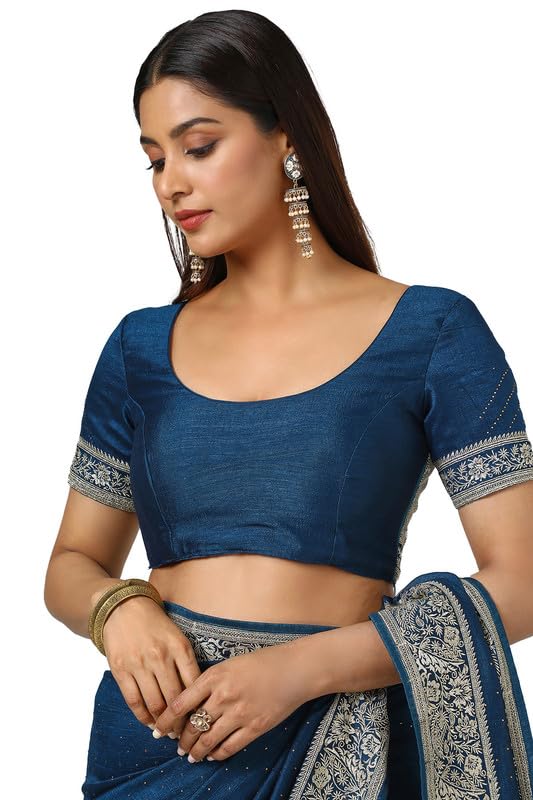 Soch Womens Blue Tussar Zari Embroidered Saree With Stone Work