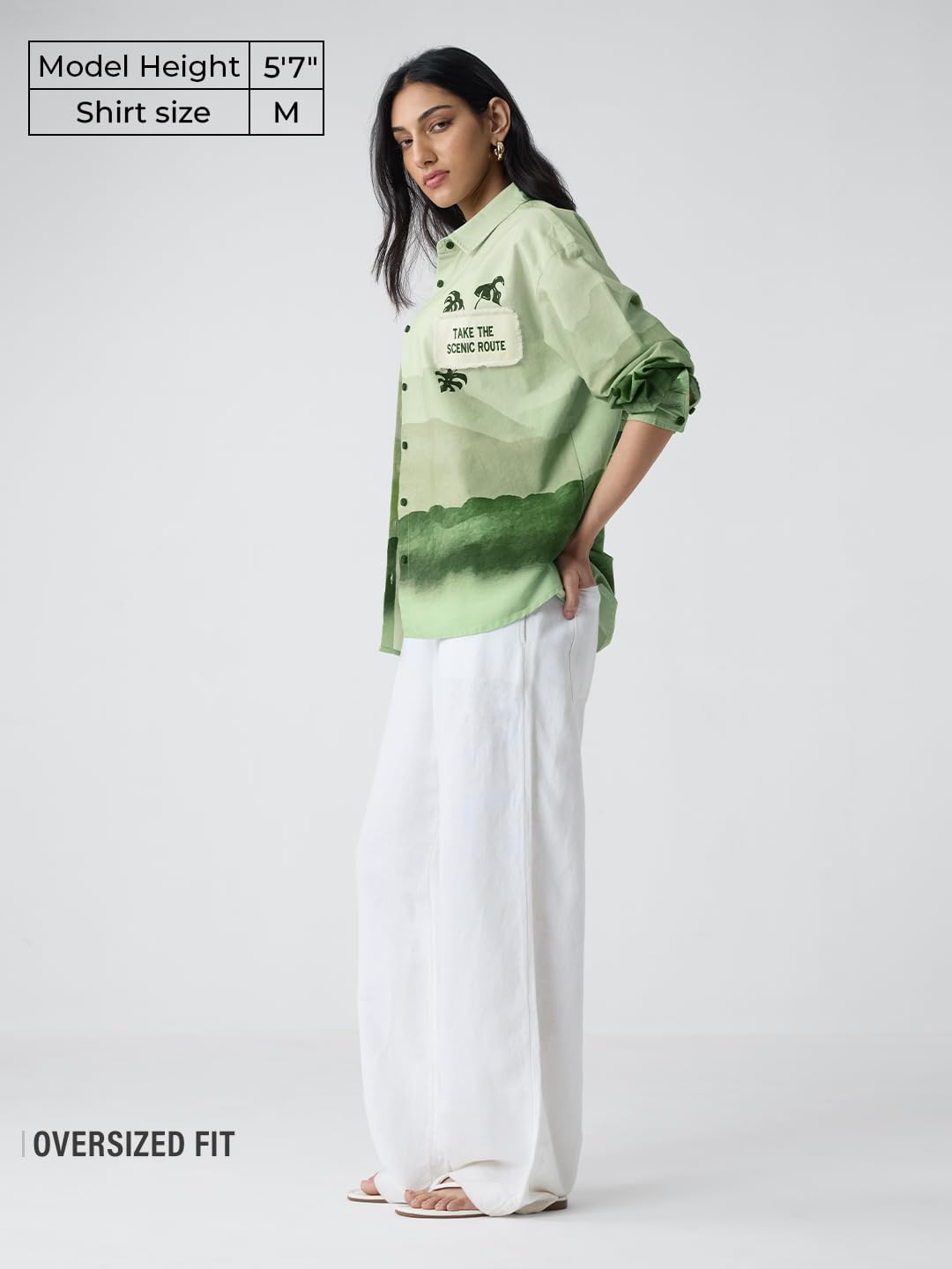 The Souled Store Scenic Route Women and Girls Long Sleeves Collared Neck Button Front Green Printed Cotton Boyfriend Shirts