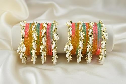 BANGLESKART 16pc Glossy Multi Set Kashmiri Ghunghroo Bangles Cowrie Shell Kaudi Glass Churi Haldi Jewelry Women (multicolour, two set for two hand, 2.8) (two set for two hand, 2.8)