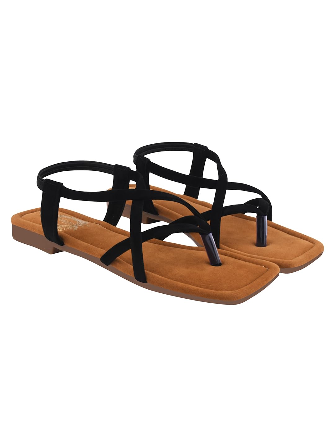 Shoetopia Women’s Black Toe Ring Flat Sandals, Strappy Cross Strap Slip-On Flats, Comfortable Casual Daily Summer Footwear EU42