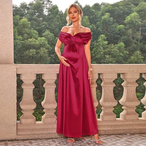 Marivoné® Off Shoulder Maternity Maxi Dress | V Neck Flowy Pregnancy Gown for Photoshoot | Baby Shower Dress | L | Red