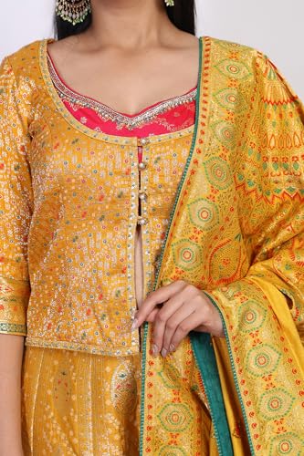 Aurelia Women's Mustard Ethnic Motifs Zari Jacquard Straight Top with Skirt and Dupatta Set - (AD10748-706117-M)