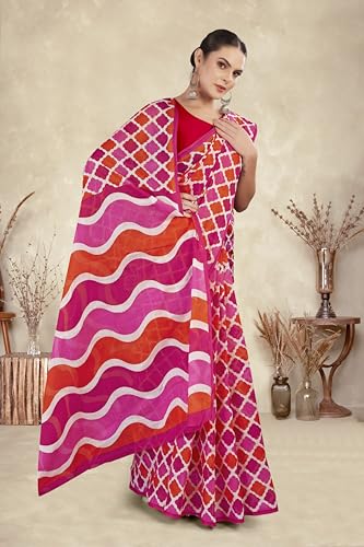 TAMAIRA FASHION Women's Printed Pure Cotton Mulmul Saree Without Blouse Piece(2487_Red&Pink)
