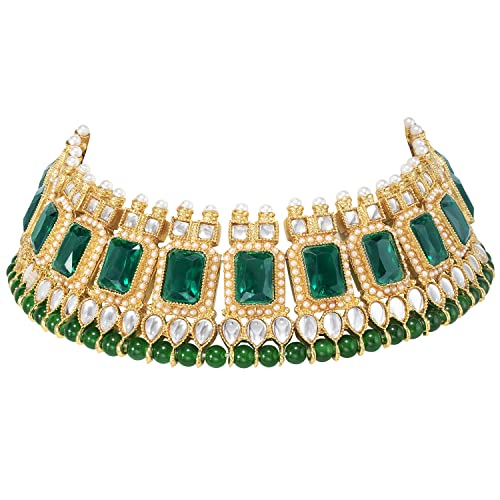 Peora Gold Plated Green Kundan Dangling Pearls Necklace Earring MaangTikka Jewellery Set for Women
