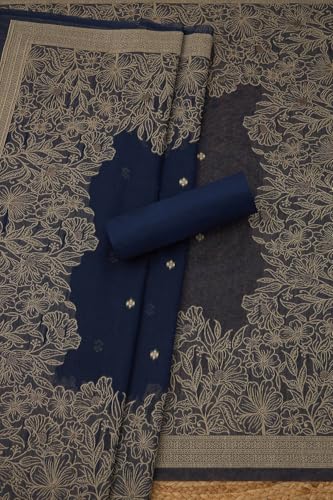 Soch Womens Navy Blue Chanderi Woven Design Unstitched Dress Material