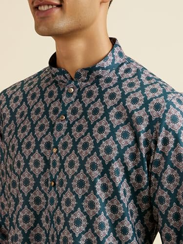 Manyavar Men's Cotton Blend Digital Print Long Kurta (Green,L)