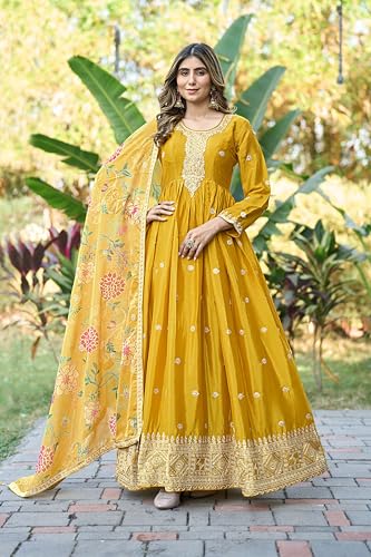 Miss Ethnik Women's Yellow Chinon Stitched Gown With Dupatta Full Sleeve Embroidered A-Line Gown (ME-1308-Yellow-3XL)