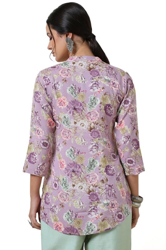 Soch Womens Purple Rayon Slub Floral Print Straight Tunic