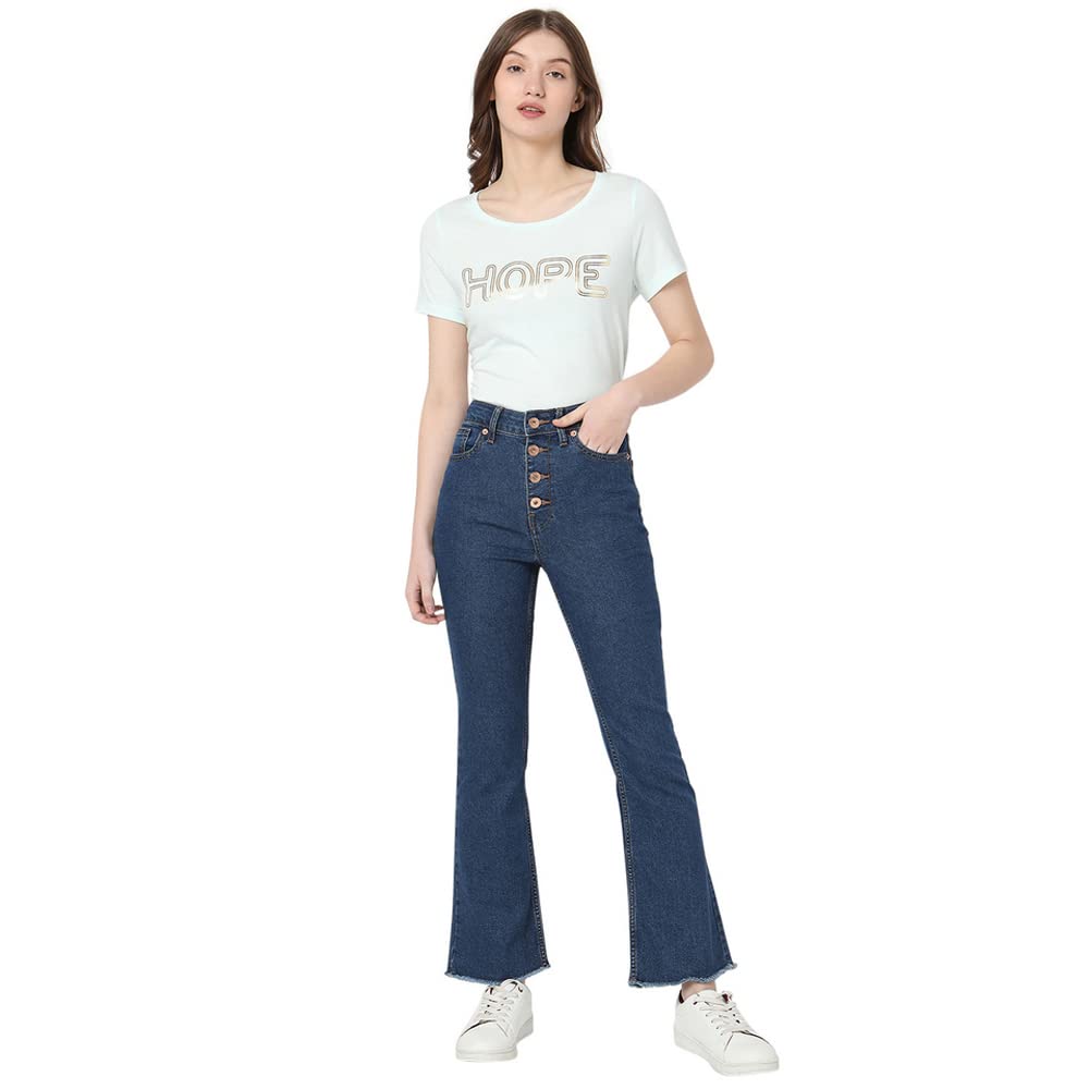 VERO MODA Women Solid Dark Blue Cotton-Organic Bootcut Fit High-Rise Jeans