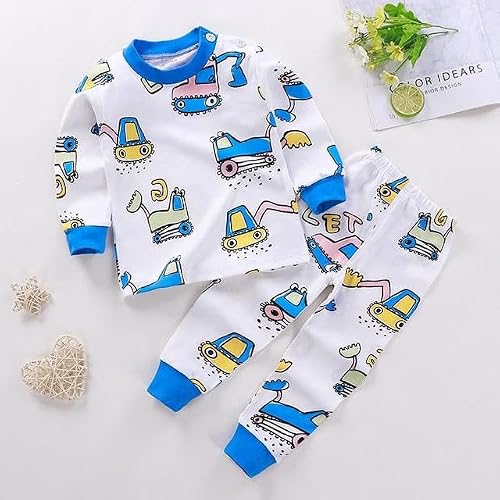 Bold N Elegant Full Sleeve Cartoon Print Cotton T-Shirt & Pajama Pajama Clothing Set for Infant Toddler Baby Boy Girl Kids (0-6 Months, White)