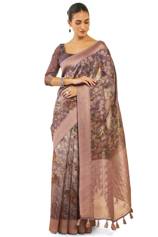 Soch Womens Purple Tussar Silk Saree With Floral Print And Zari Woven Designs