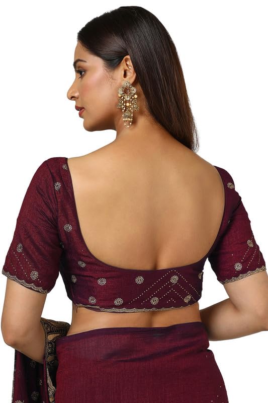 Soch Womens Maroon Tussar Embroidered Saree With Stone Work