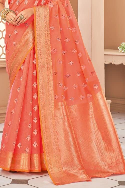 KARAGIRI Womens Banarasi Silk Peach Saree With Blouse Piece