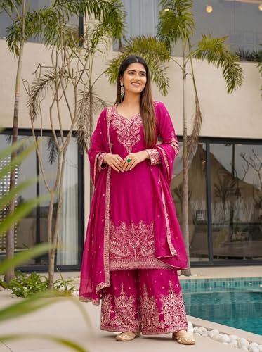 Leeli Peeri Designer Women's Chinon Silk Embroidery Kurta Sharara Set With Dupatta