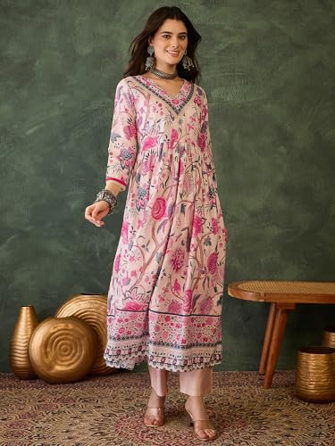 VARNI FABRIC Cotton Lining Kurta Set for Women | 3/4 Sleeves Floral Printed Woman Salwar Suit with Pant & Dupatta | Festive Wedding Ethnic Wear | Prefect for Office Summer | Cream | L