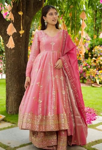 Designer Heavy Crunchy Silk Anarkali Dress for Women | Fully Flared Embroidered Gown with Dupatta | Wedding (in, Alpha, L, Regular, Standard, Peach)
