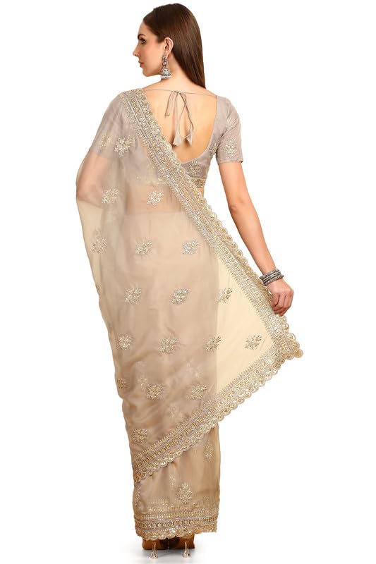 Soch Womens Grey Sequinned Embellished Organza Saree With Zardosi