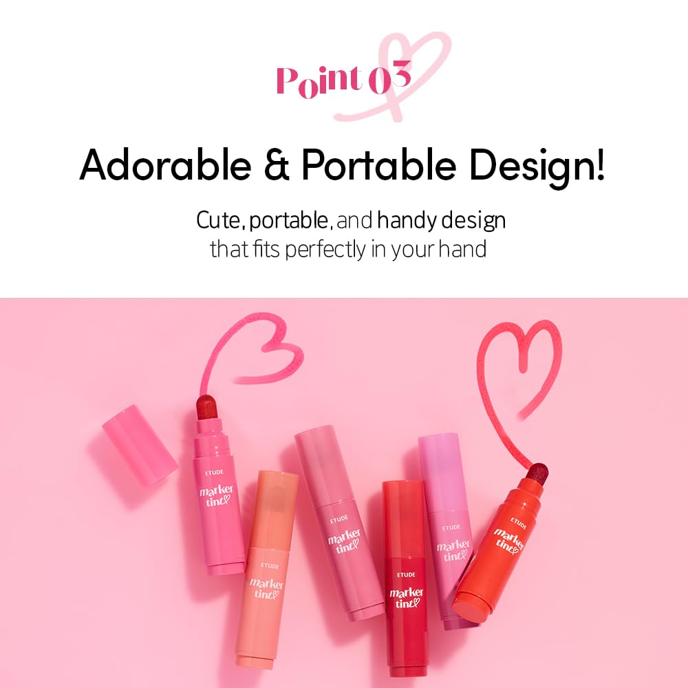 ETUDE Dear Darling Marker Tint| Hydrating & Long Lasting Lip Stain | High Pigmented Lip Maker with Easy Drawing Tip | Korean Lip Tint, Korean Makeup, Kbeauty, 01 Raspberry Pop- 3.5g